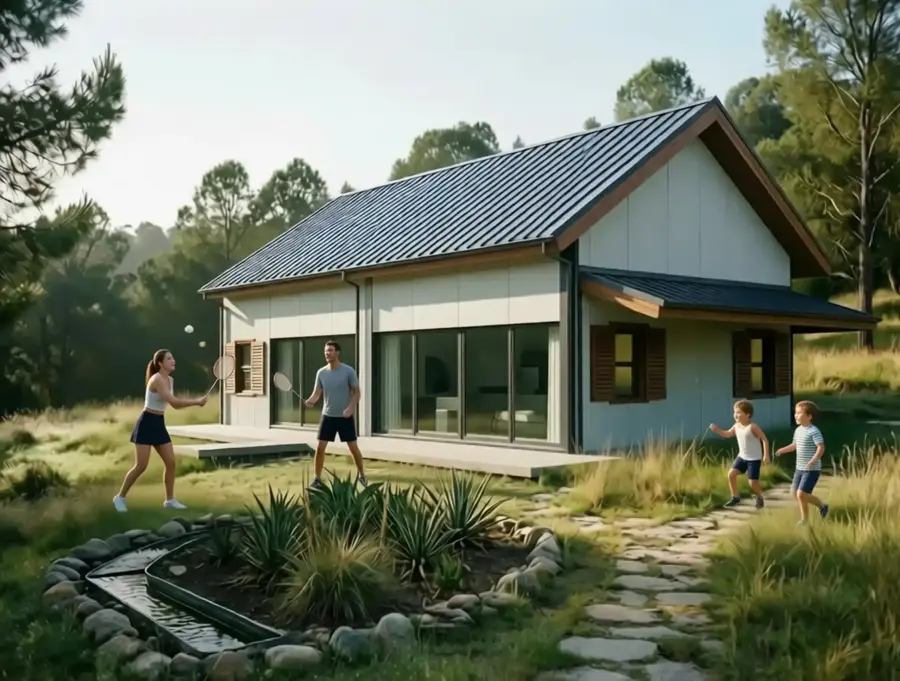 Энергоэффективный дом, женщина и мужчина играют в бадминтон