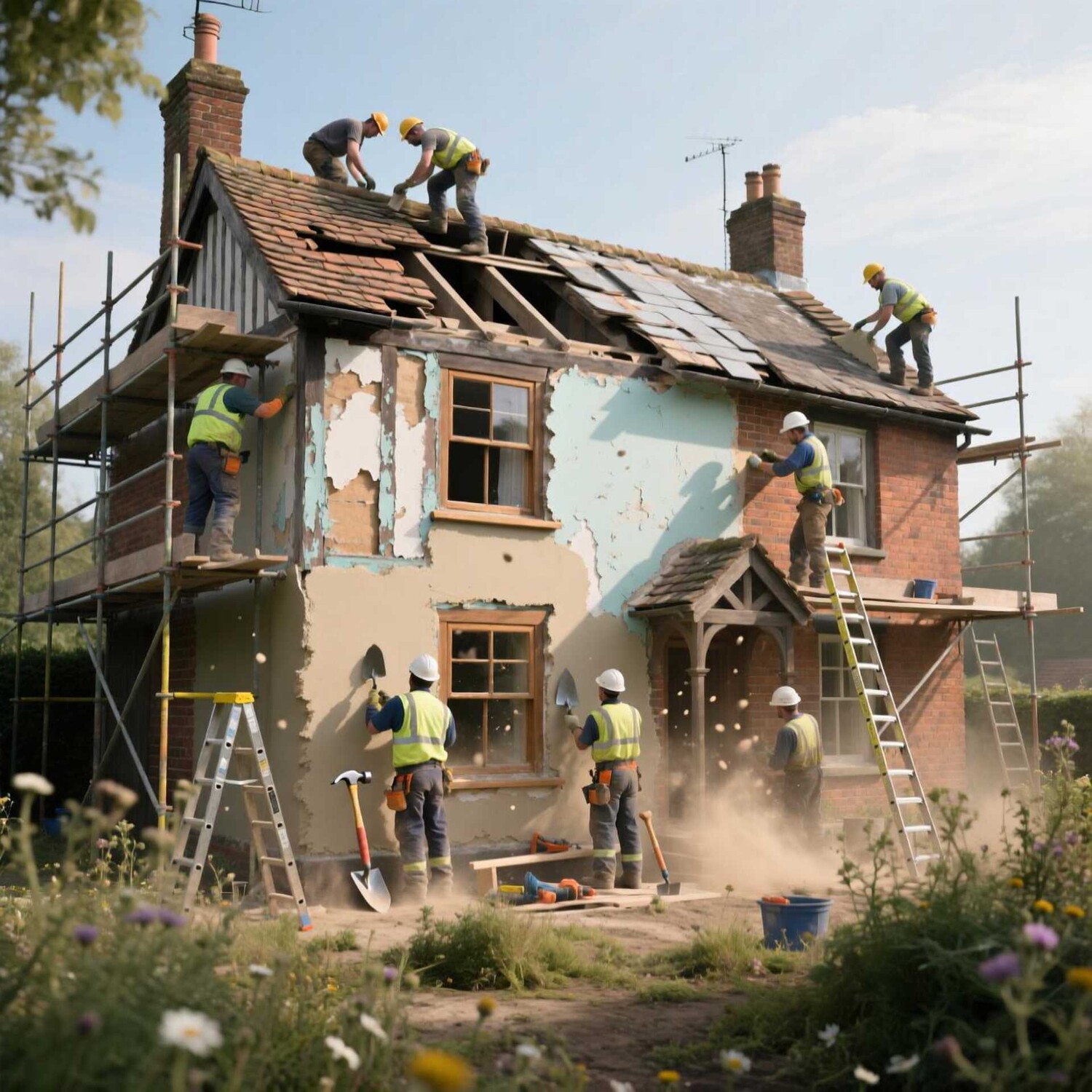 бригада строителей ремонтирует коттедж