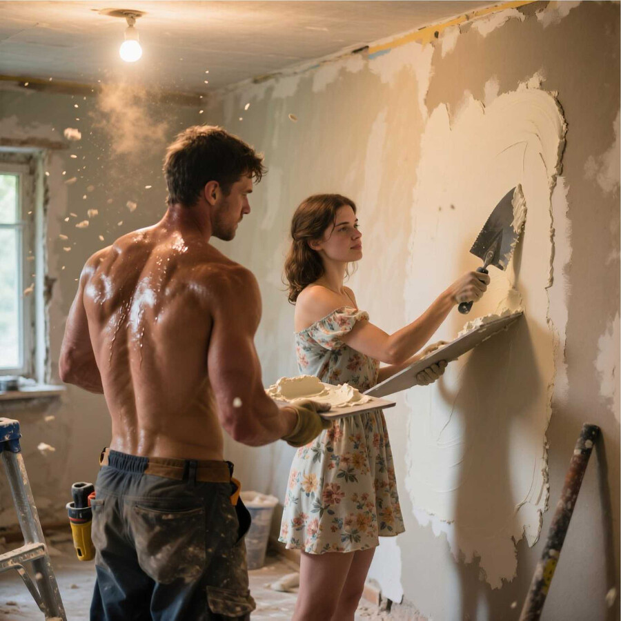 женщина в коротком платье и мужчина штукатурят стены в комнате