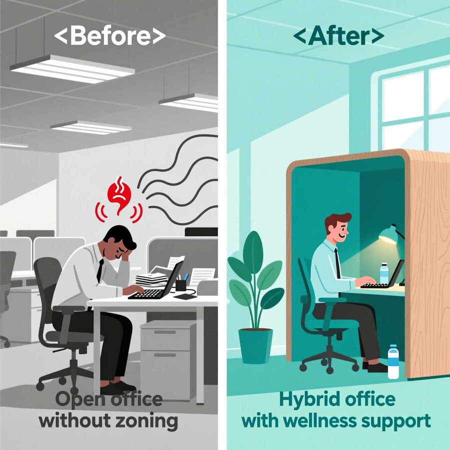 Современный офис: Типы пространств, умные технологии Как среда влияет на сотрудника (До / После)