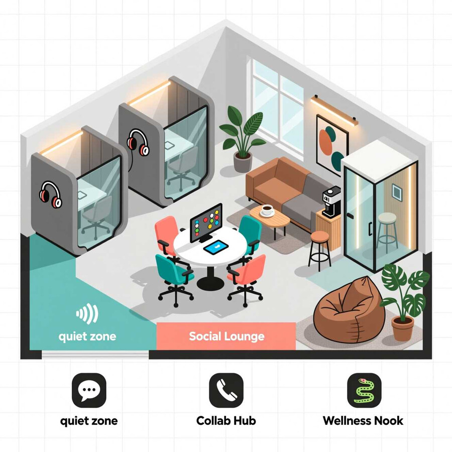 Современный офис: Типы пространств, умные технологии Зонирование гибридного офиса