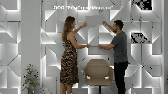 женщина в коротком платье и мужчина монтируют 3D панели на стену
